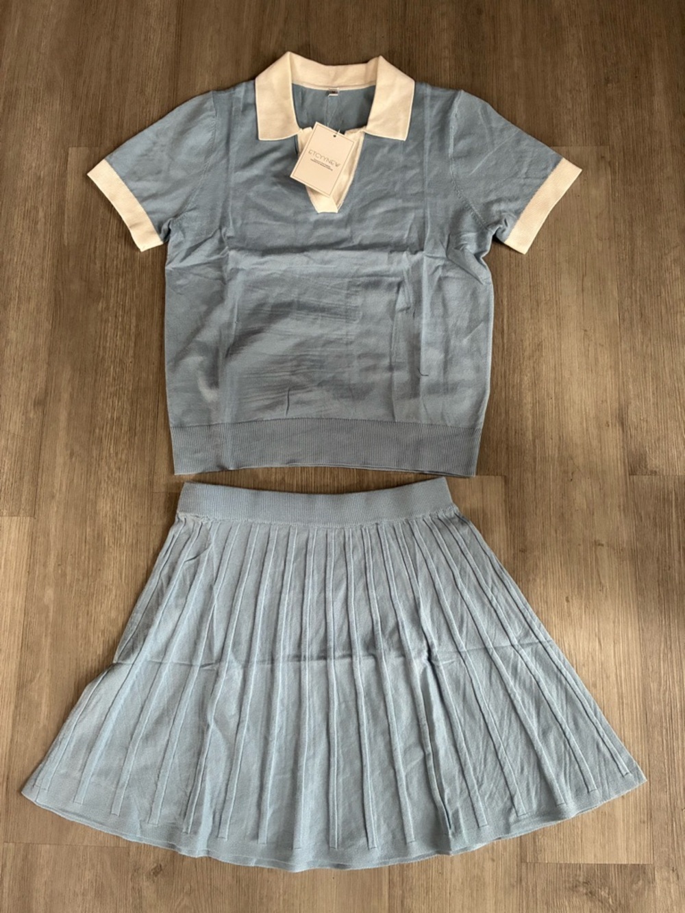 Light Blue Two-Piece Polo & Pleated Skirt Set with White Trim